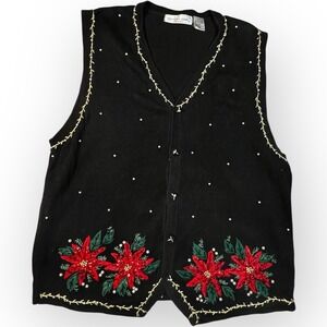 Vtg Christmas Sweater Knit Button Vest Women's Plus 1X 90's Poinsettias Sequins